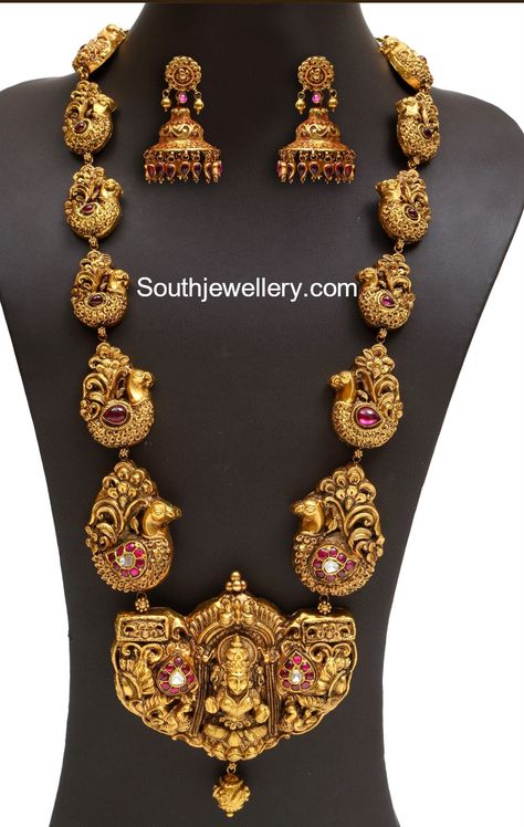 Antique Gold Peacock Nakshi Haram Chand Bali, Temple Jewelry Necklace, Gold Peacock, Long Haram, Gold Temple Jewellery, Antique Gold Jewelry Indian, Bali Earrings, Jewelry Designing, Antique Jewelry Indian