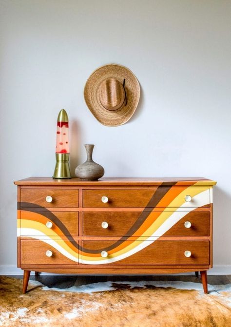 70s Dresser Painted, Two Color Dresser Makeover, 70s Furniture Dressers, Eclectic Dresser Makeover, 70s Bedroom Furniture Makeover, Retro Painted Dresser, Diy 70s Furniture, Fun Painted Dresser, 70s Painted Furniture