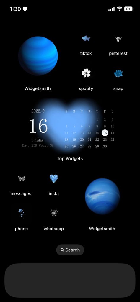 Dark Blue Planet Wallpaper, Black And Blue Homescreen Layout, Blue Homescreen Layout Ideas, Ios 16 Aesthetic Homescreen Blue, Iphone Homescreen Inspo Aesthetic, Black And Blue Layout, Ios 16 Home Screen Ideas Dark Blue, Simple Phone Themes, Black Blue Widget