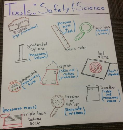 Safety and Science Tools Anchor Chart Lab Safety Anchor Chart, Science Safety Anchor Chart, Science Tools Anchor Chart, Scientist Anchor Chart, Life Science Notes, Science Safety Posters, Science Lab Tools, Science Safety Rules, Science Foldables