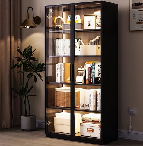 PRICES MAY VARY. ✔️☆【LED Lighting】: The display cabinet features LED lights, ensuring that your collection is showcased clearly. This glass cabinet also features a sleek and modern design, perfect for showcasing your collections, awards, or valuable items. ✔️☆【High-Stregth Tempered Glass】: This glass display cabinet features 3C certified tempered glass, known for its durability, scratch resistance, exceptional transparency, and clarity. The high-quality glass ensures that the items showcased ins Display Cabinet Design Modern, Glass Cabinets Display Living Room, Living Room Glass Cabinet, Bedroom Shelving, Curio Cabinet Displays, Living Room Display Cabinet, Glass Curio Cabinets, Cabinet With Glass Doors, Cabinets With Glass Doors