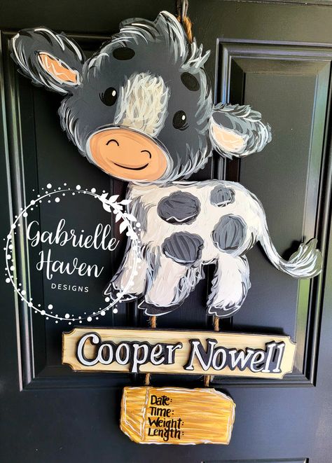 Cow Door Hanger, Baby Door Signs, Door Hanger Baby, Baby Room Signs, Cow Nursery, Hospital Door Hanger, Farm Animal Nursery, Cow Baby Showers, Hospital Door Hangers