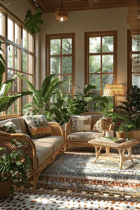 Retro Sunroom, Boho Conservatory, Luxury Sunroom, Indoor Sunroom Furniture Ideas, Indoor Sunroom Furniture, Indoor Sunroom Ideas, Green Sunroom, Boho Sunroom Ideas, Cottage Sunroom