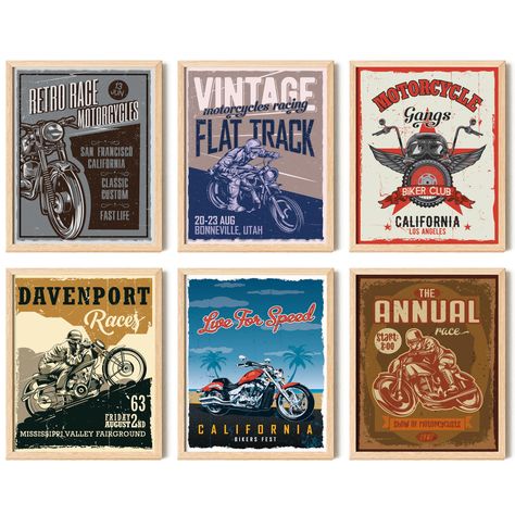 PRICES MAY VARY. VINTAGE MOTORCYCLE ART POSTERS: Classic motorcycle racing poster is a mixture of strong expression and old-time elements! There's nothing like a motorcycle artwork for boys room to kick off your adrenaline rush every day STYLE IN A SNAP: This motorcycle pictures wall art is excellent for adding a retro look to any space. Ideal motorcycle home decor for boys, boy room decorations for bedroom, bathroom, etc PREMIUM SET INLCUDES: 6 pcs motocross posters 8x10 inches (UNFRAMED) and a Vintage Motorcycle Art, Motorcycle Wall Art, Motorcycle Artwork, Art Prints Vintage, Vintage Motorcycle Posters, Antique Motorcycles, Motorcycle Decor, Motorcycle Gifts, Bike Poster