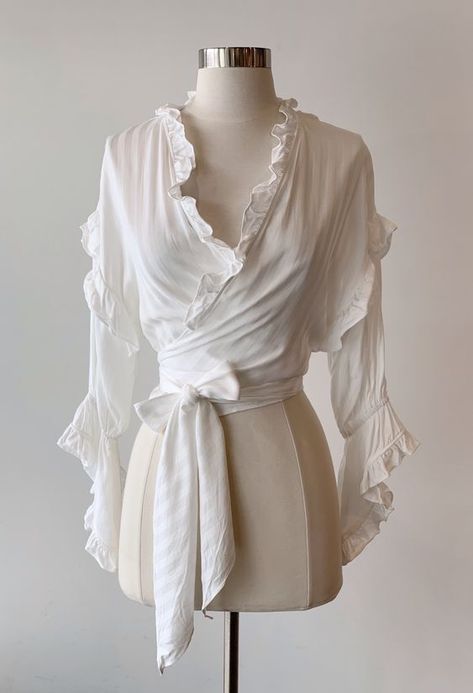 This is where I unload my material/exterior appearance obsession without buying lots of clothes or getting thousands of tattoos! Instagram - @2ndhandstranger Romantic White Blouse, White Ruffle Blouse Outfit, Ruffled Blouse Outfit, Aesthetic Sleeves, White Clothes Aesthetic, Ruffle Clothes, Whimsical Blouse, Ruffles Outfit, Ruffled Sleeves Dress