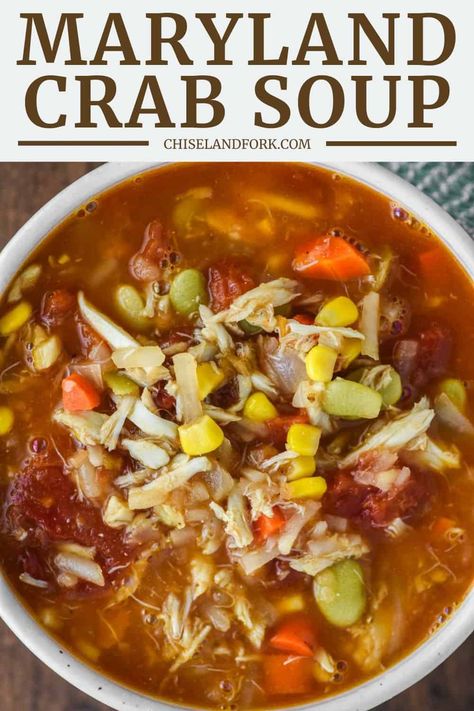 Indulge in the comforting Maryland crab soup, a rich and flavorful seafood classic, brimming with succulent crab meat and vegetables. #marylandcrabsoup #crabsoup #soup | chiselandfork.com Maryland Crab Soup, Crab Soup Recipes, Lobster Soup, Ham And Cabbage, Crab Chowder, She Crab Soup, Fat Burning Soup, Maryland Crabs, Crab Soup