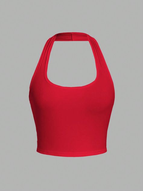 Red Casual,Sexy Collar  Knitted Fabric Plain Halter Embellished Slight Stretch  Women Clothing Cute Red Tops, Lightning Mcqueen Costume, Top Rojo, Red Quinceanera Dresses, Bralet Tops, Halter Neck Crop Top, Red Tank Top, Dark Dress, Small Tank Tops