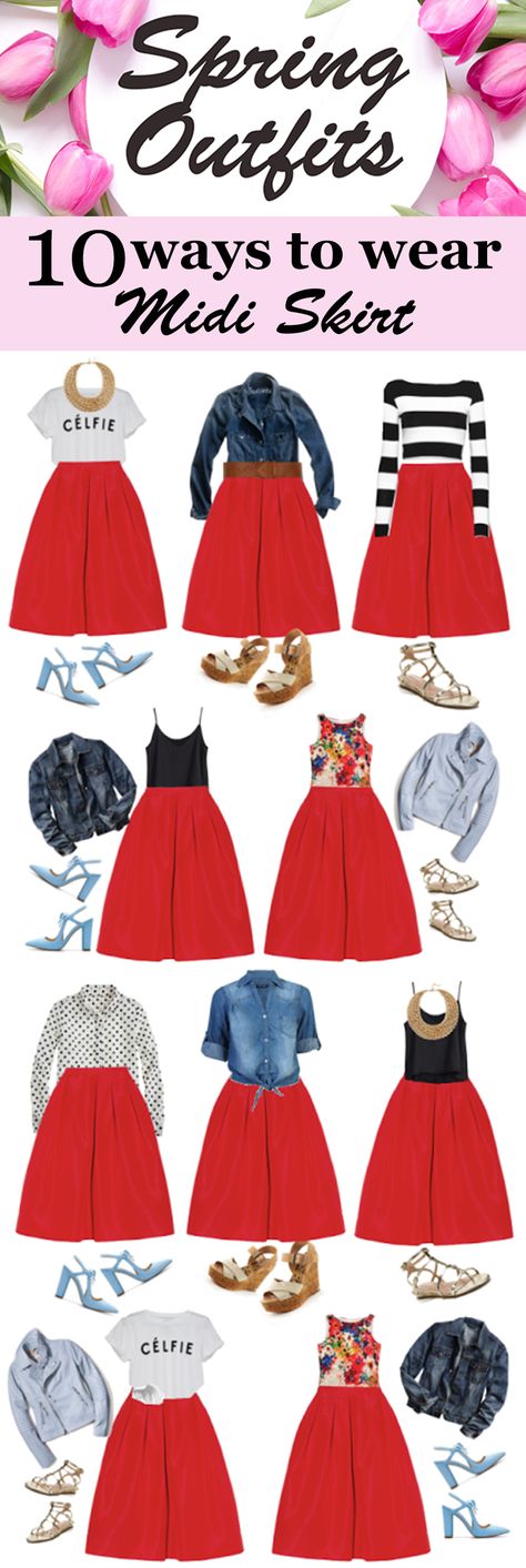 Midi A Line Skirt Outfits Summer, Red Pleated Skirt Outfit Summer, Red Midi Skirt Outfit Summer, Red Skirt Summer Outfit, Red A Line Skirt Outfit, Spring Skirt Outfits 2023, How To Style Red Skirt, Red Skirt Outfit Summer, Red Skirt Outfit Ideas