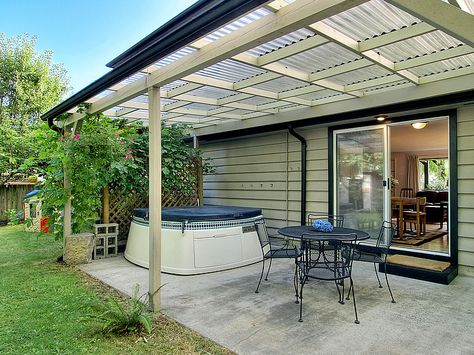 Need to make my patio cover this nice.  Even with the same plastic corrugated sheets, mine looks outdated. Corrugated Plastic Roofing, Patio Trellis, Covered Patio Design, Corrugated Roofing, Fibreglass Roof, Pergola Attached To House, Patio Cover, Backyard Pergola, Pergola With Roof