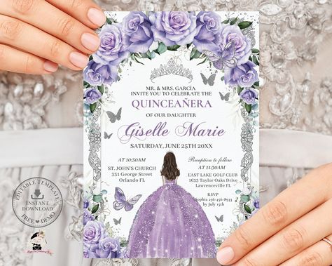 Lavender Ball Gown, Quinceañera Invitation, Silver Butterflies, Butterfly Invitations, Quinceanera Planning, Birthday Invitations Diy, Quinceanera Invitation, 16th Birthday Invitations, Invitation Diy