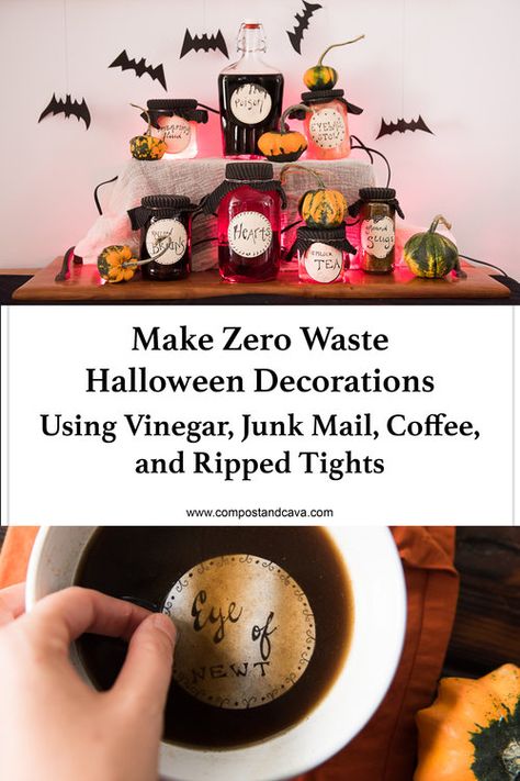 Turn ordinary household items into this spooky zero waste halloween decorations using vinegar, junk mail, coffee, and ripped tights Sustainable Halloween Decor, Halloween Decorations Spooky, Witch's Kitchen, Zero Waste Holiday, Kitchen Compost, Ripped Tights, Dekorasi Halloween, Eco Crafts, Eco Friendly Holiday