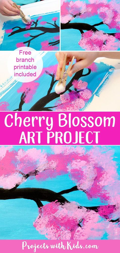 Spring Tree Art, Branch Template, Kids Painting Activities, Spring Arts And Crafts, Blossom Painting, Spring Art Projects, Art Project For Kids, April Art, Cherry Blossom Painting