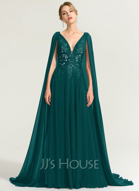 A-Line V-neck Floor-Length Chiffon Evening Dress With Sequins (017167718) Formal Dress With Cape, New Look Clothes, Green Formal Dress, Jersey Evening Dress, Dress With Cape, Green Formal Dresses, Christmas Dresses, Dresses Purple, Dress With Sequins