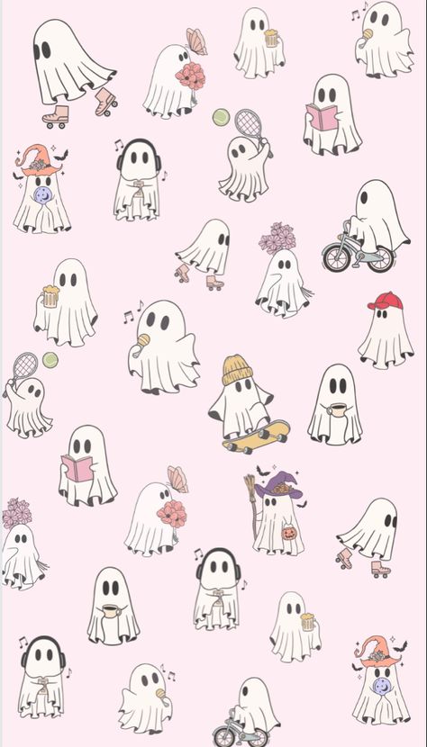 pink ghosts doing activities How To Draw A Sheet Ghost, Halloween Ghosts Drawing, Flower Ghost Wallpaper, Bedsheet Ghost Drawing, Ghost Party Drawing, Cute Ghost Couple Drawing, Winter Ghost Wallpaper, Cute Ghosts Drawings, Aesthetic Ghost Drawing