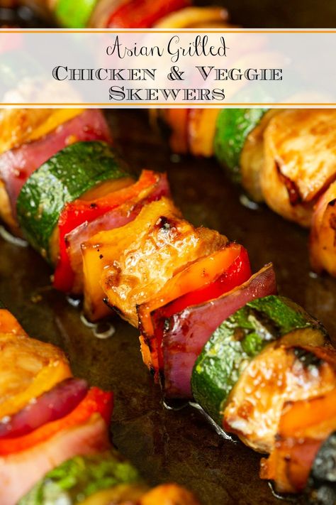 These delicious, Asian Grilled Chicken Veggie Skewers employ a secret shortcut. They're sweet, sticky and have a bit of heat. Make them for rave reviews! #asianchickenskewers, #easygrillrecipe, #chickenandvegetableskewers Grilled Entrees, Chicken And Veggie Skewers, Asian Grilled Chicken, Grilled Skewers, Quick Foods, Barbecued Chicken, Grilled Chicken Kabobs, Grilled Recipes, Fruit Kebabs