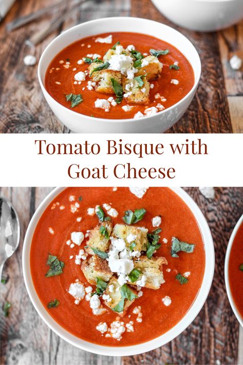 The perfect cold weather soup, tomato bisque is ultimate comfort food. A thick tomato bisque topped with crumbled goat cheese and homemade croutons, this is a meal in a bowl! Smooth, velvety, then finish with a crunch from a crouton and a bit of tang from the goat cheese. An easy soup recipe to warm you up this winter! Goat Cheese Tomato Soup, Soup With Goat Cheese, Meal In A Bowl, Cold Weather Soup, Tomato Bisque Soup, Crumbled Goat Cheese, Tomato Lentil Soup, Easy Soup Recipe, Soup Tomato