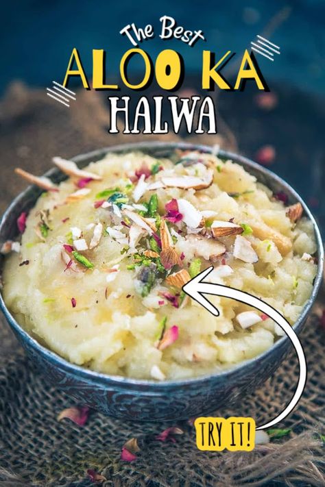 Made using potato, ghee, and sugar, farali Aloo ka Halwa or Potato Halwa is a delicious Indian sweet which is mostly made for vrat. Super easy to prepare, this sweet goodness is sure to satiate your taste buds and fill your tummies with contentment. Here is how to make it. Semolina Dessert Recipe, Semolina Dessert, Suji Halwa, Semolina Pudding, Halwa Recipe, Yellow Foods, Sugar Syrup, Food L, Indian Sweet