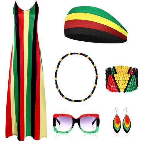 PRICES MAY VARY. African Style Accessory Set: there provides you with the set of Jamaica outfit for women, including 1 piece summer suspender maxi dress, 1 piece Rasta headband, 1 pair of Rasta stripes square sunglasses, 1 piece Rasta beads necklace, 1 piece Jamaican bracelet, and 1 pair of African earrings, suitable for most girls and women, which can meet your daily wearing needs Safe and Reliable: the suspender and hat are made of soft and comfortable fabrics, and the glasses are made of qual Jamaican Theme Party Outfit, Jamaican Colors Outfit, Jamaican Party Outfit, Reggae Outfit Women, Jamaican Outfits For Women, Jamaica Jewelry, Jamaica Clothes, Jamaican Design, Reggae Outfit