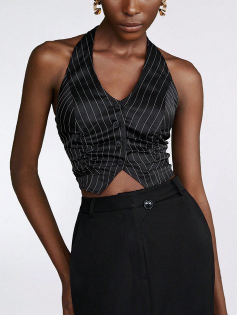 Black Casual,Sexy Collar  Knitted Fabric Plain,Striped Halter Embellished Medium Stretch  Women Clothing Womens Halter Tops, Top Halter, Halter Tops, Tank Top Cami, Black Casual, Button Detail, Halter Top, Online Fashion, Women Clothing