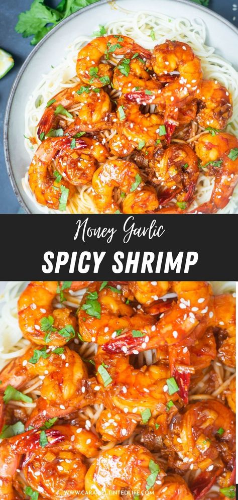 Honey Garlic Shrimp Bowl, Sriracha Honey Shrimp, Chilli Garlic Shrimp, Sriracha Shrimp Recipes, Hoisin Shrimp Recipes, Spicy Honey Garlic Shrimp, Spicy Honey Shrimp, Honey Chili Shrimp, Honey Sesame Shrimp