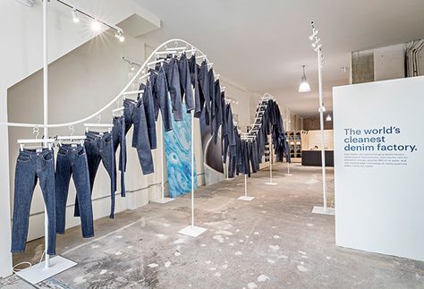 Denim Window Display, Denim Display, Cash Wrap, Clothing Store Interior, Window Display Design, Clothing Displays, Jeans Store, Seven Jeans, Showroom Interior Design