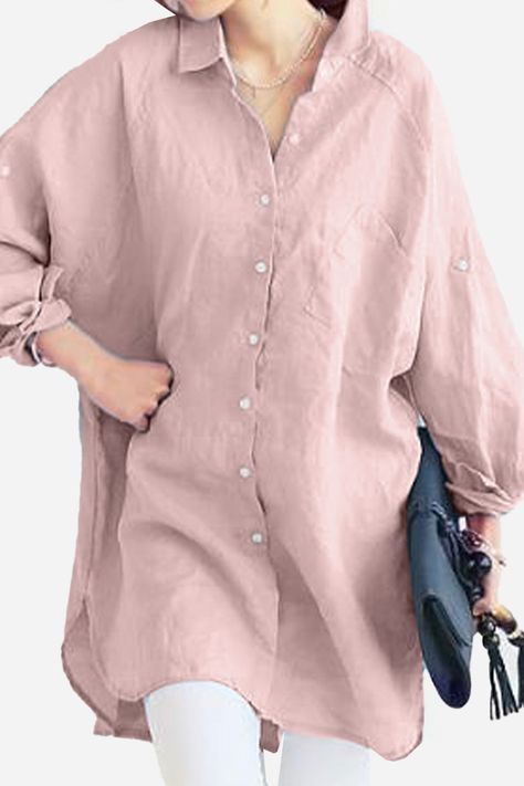 Oversized Linen Shirt, Natural Linen Fabric, Tops Fashion, Ladies Tops, Roll Up Sleeves, Komplette Outfits, Look Casual, Belleza Natural, Long Shirt