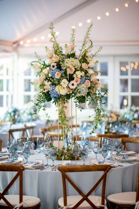 Soft pink & blue hues brought a subtle splash of color to this romantic reception at Cheekwood 💙 Blue Garden Wedding Theme, Pink And Blue Wedding Flowers Centerpiece, Blue And Blush Wedding Centerpieces, Blue Reception, Wedding Centerpieces Blue, Round Table Centerpieces Wedding, Pink Flower Centerpieces, Flower Ball Centerpiece, Blush Wedding Centerpieces