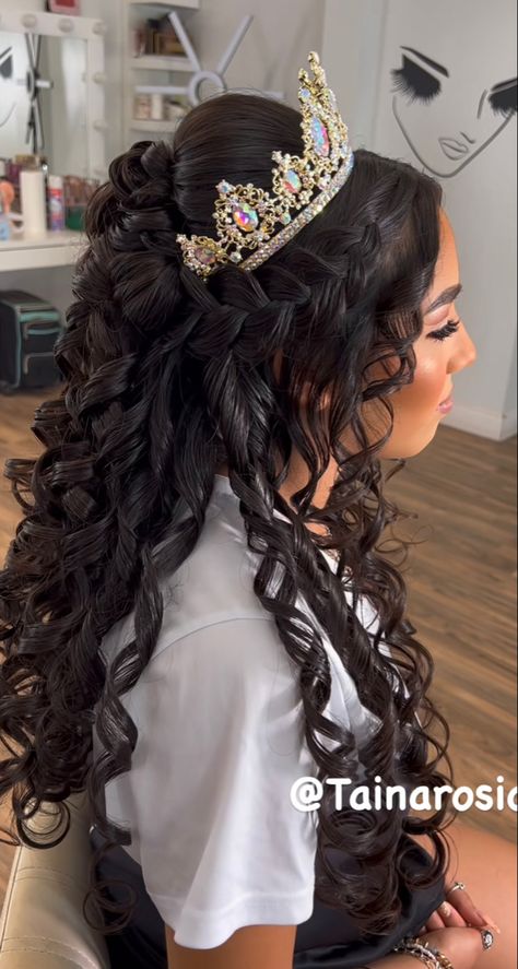 Quince 
Quinceañera 
Long hair
Black hair 
Crown 
Quinceañera hair
Hairstyle 
Updo
Half up half down 
Quinceañera 2022
Hairstyle 2022 Ponytail Hairstyles For Quinceanera, Best Hairstyles For Ball Gowns, Long Hair Styles For Quinceañera, Quinceanera Hairstyles Braids, Quince Hairstyles With Braids, Quince Hairstyles Braids, Quinceanera Hairstyles For Long Hair With Crown, Quince Hairstyles With Crown Curls, Hairstyles For 15 Party Hair Ideas