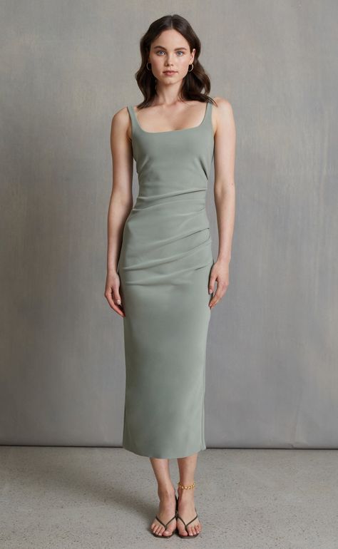 Scoop Neck Dress Formal, Square Neckline Dress, Square Neck Midi Dress, Dress Sage, Crepe Midi Dress, Sage Dress, Bec Bridge, Semi Formal Dress, Dress Forms