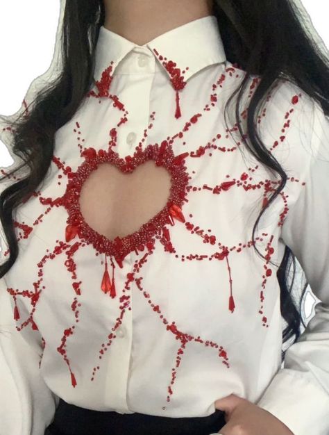 Beaded Heart Shirt, Heart Cutout Shirt, Heart Cut Out Shirt, Heart Cut Out Top, Red Heart Shirt, Dark Feminine Style, Blood Shirt, Rhinestone Outfit, Beaded Shirt