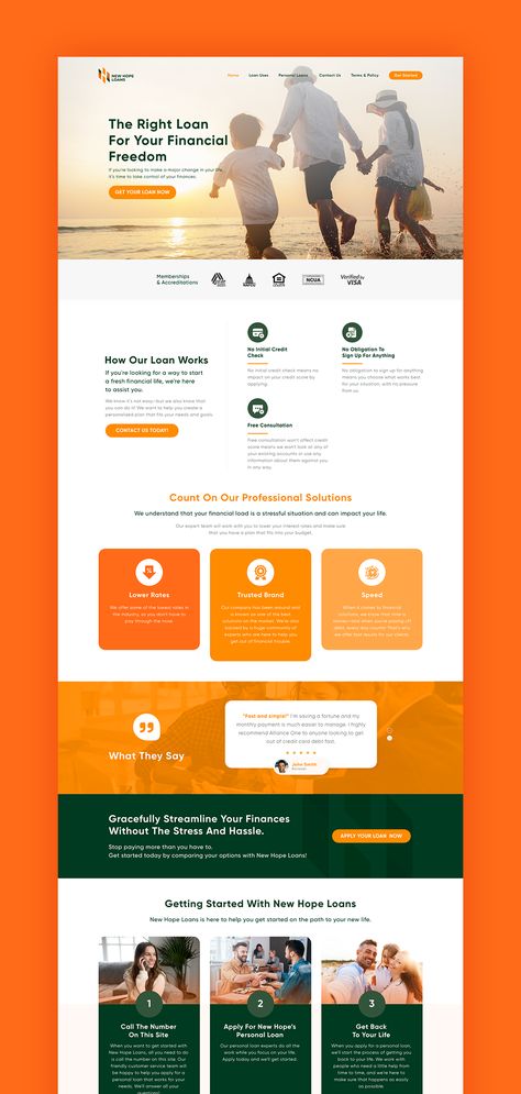 A user-friendly and visually appealing website design for New Hope Loans by LeadOrigin, featuring a vibrant orange and green color scheme that represents the company's mission of financial assistance and support for clients. The streamlined layout and professional design create a positive and informative experience for visitors, instilling trust and confidence in the brand. Creative Website Design Inspiration Color Schemes, Loan Website Design, Bright Color Website Design, Orange Web Design, Website Card Design, User Interface Design Website, Website Design Orange, Orange Website Design, Orange Website