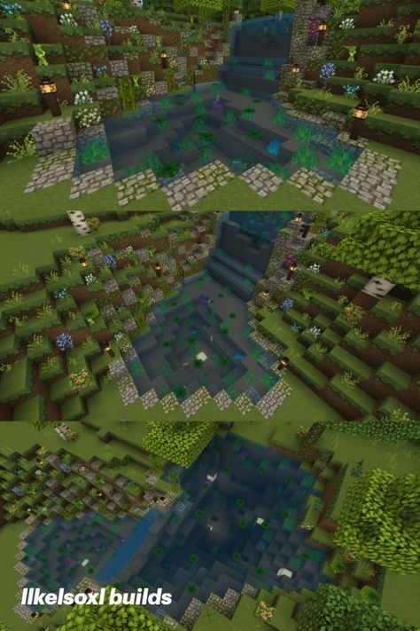 Pond Cottagecore, Waterfall Minecraft, Minecraft Pond, Aesthetic Minecraft Builds, Waterfall Decoration, Minecraft Cottagecore, Waterfall Building, Waterfall Pond, Cottage Minecraft