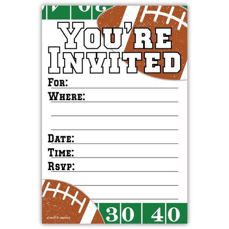 PRICES MAY VARY. Includes 20 Invitations With Envelopes 4" x 6" Cards Great for a football birthday or other football themed party Heavy-weight Matte Card Stock for easy fill in with many pen types Designed and professionally printed in USA Welcome your guests to your football themed party celebration with these colorful and fun invitations by m&h invites. Includes 20 Envelopes. Invites measure 4" x 6”. Heavy-weight matte card stock for easy fill in with many pen types. Football Birthday Party Invitations, Football Themed Party, Iron Man Party, Superbowl Party Decorations, Football Party Invitations, Football Party Supplies, Football Theme Party, Football Birthday Party, Fun Invitations