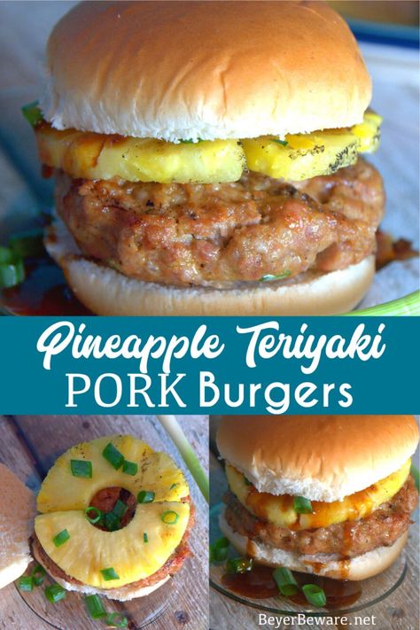 This grilled pineapple pork burger recipe mixes Asian seasonings with ground pork then topped with a slice of grilled pineapple and a teriyaki sauce. Pork Burgers Recipes, Teriyaki Burgers, Teriyaki Pork, Ground Pork Recipes, Pineapple Pork, Pork Dinner, Grilled Pineapple, Burger Recipe, Pork Dishes