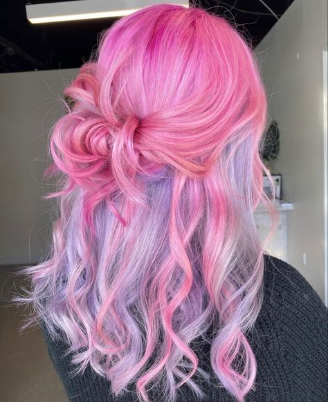 Cotton Candy Split Dye, Pink Hair Blue Highlights, Creative Colour Hair, Pastel Pink And Purple Hair, Pink And Purple Hair Ideas, Pink And Lavender Hair, Cotton Candy Hair Color, Candy Pink Hair, Cotton Candy Pink Hair