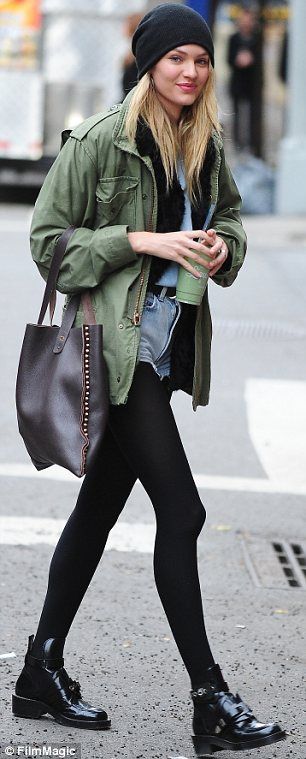 Candice Swanepoel.. sheer stockings + khaki jacket + denim tear-away shorts.. booties.. city chic.. Even toned down, she's adorable. Victoria Secret Street Style, Khaki Jacket, Plaid Outfits, Winter Mode, Charlotte Casiraghi, Rock Punk, Candice Swanepoel, Looks Street Style, Victoria Secret Fashion