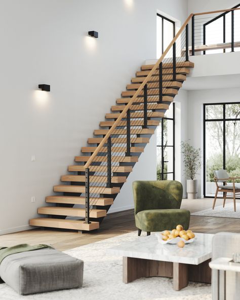 Rise Floating Stair Kit - StairSupplies™ Short Stairs Design, Outside Stairs To Second Floor, Barndo Stairs, Floating Stairs Design, Invisible Staircase, Iron Stairs Design, Floating Stairs Modern, Open Tread Staircase, House Stairs Design