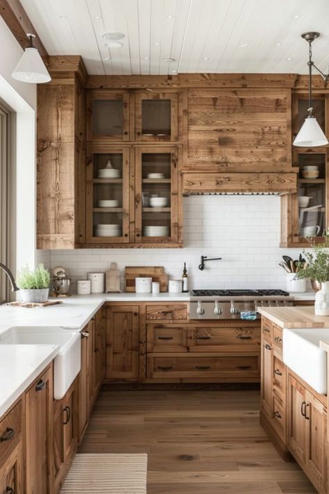 Timber Farmhouse Kitchen, Types Of Wood Kitchen Cabinets, Wood Kitchen Cabinet Ideas, Rustic Wooden Kitchen, Barndo Kitchen Cabinets, Ranch Kitchen Ideas, Kitchen Country Farmhouse, Natural Rustic Hickory Kitchen Cabinets, Navy And Wood Kitchen