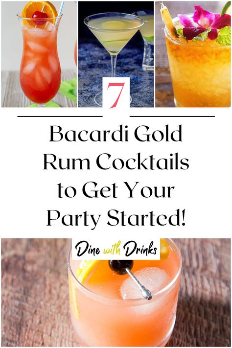 Collage of 4 bacardi gold rum cocktails. Gold Rum Cocktail Recipes, Bacardi Drinks Recipes, Bacardi Gold Rum Drinks, Gold Rum Cocktails, Bacardi Rum Drinks, Drinks With Bacardi Rum, Bacardi Cocktails, Summer Rum Drinks, Bacardi Drinks