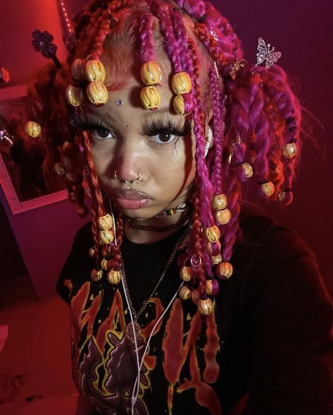 y2k// jade braids// y2k accessories// beads//hair charms// led lights Jade Braids Wig, Jade Braids Pink, Braids With Charms Black Women, Braided Hairstyles With Charms, Curly Hair Bead Hairstyles, Charms In Braids, 4c Y2k Hairstyles, Pink Jade Braids, Braids With Bangs And Beads