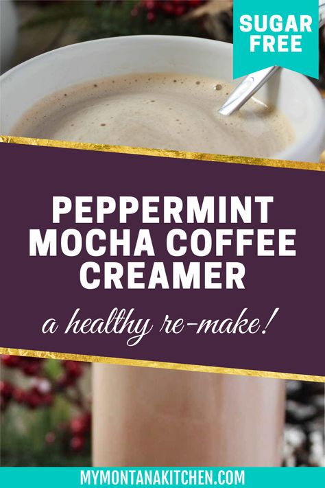 This Sugar-Free Peppermint Mocha Coffee Creamer is perfect for anyone who loves flavored coffee but wants nothing to do with a sugar overload. Even if you're not staying away from sugar, you'll still enjoy this creamy, minty coffee creamer. The flavor will brighten your day and give you a taste of the holidays any time of the year! Sugar Free Peppermint Mocha Creamer, Stevia Sweetened Coffee Creamer, Organic Coffee Creamer Recipes, Dairy Free Coffee Creamer Recipes, Coffee Creamer Homemade Healthy, Mint Mocha Coffee, Mocha Coffee Creamer Recipe, Organic Coffee Creamer, Peppermint Mocha Coffee Creamer