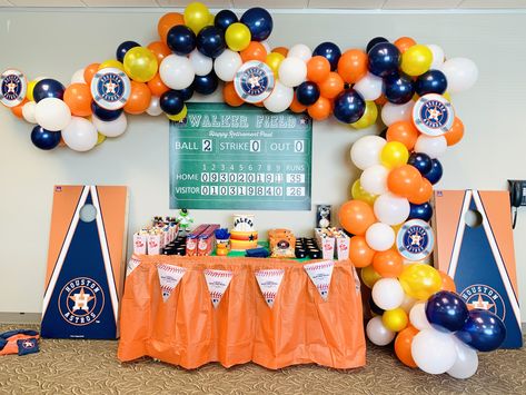 Astros Baseball Themed Party Houston Astros Take me out to the ballgame balloon garland orange blue white decor retirement party MLB party scoreboard Facebook.com/BeautifulEventsCo Astros 1st Birthday Party, Astros Birthday Party Decorations, Houston Astros Decor, Astros Theme Party, Houston Astros Party Ideas, Astros Birthday Party Ideas, Astros Party Ideas, Astros Baby Shower Theme, Astros Theme Birthday Party