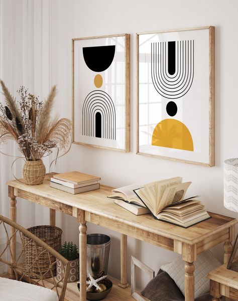 Yellow Interior Aesthetic, Mid Century Modern Bedroom Wall Decor, Mid Century Art Deco Living Room, Mustard Yellow Wall Art, Mid Century Modern Wall Decor Ideas, Mustard Yellow Bedroom Walls, Black And Mustard Bedroom, Bedroom Side Wall Decor, Yellow Room Ideas Bedrooms