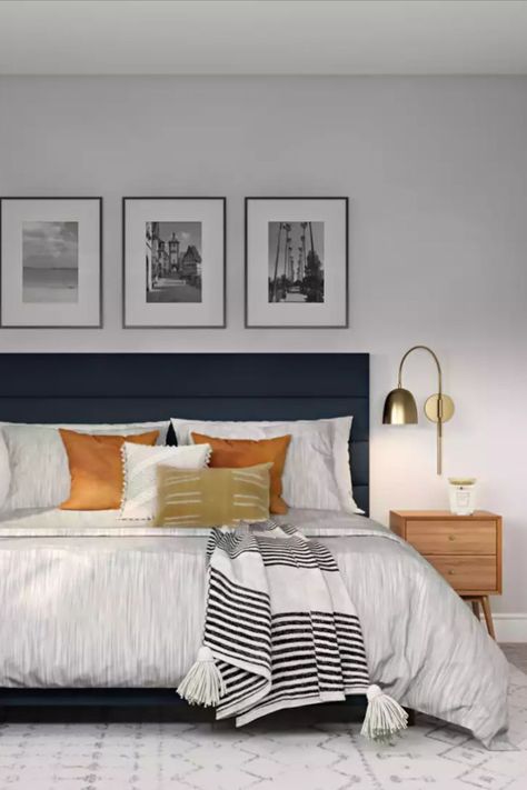 Bedroom Inspirations Modern, Modern Scandinavian Bedroom, Scandinavian Bedroom Ideas, Midcentury Modern Bedroom, Brass Bedroom, Blue Headboard, Scandinavian Design Bedroom, Mid Century Bedroom, Blue Bedroom Decor