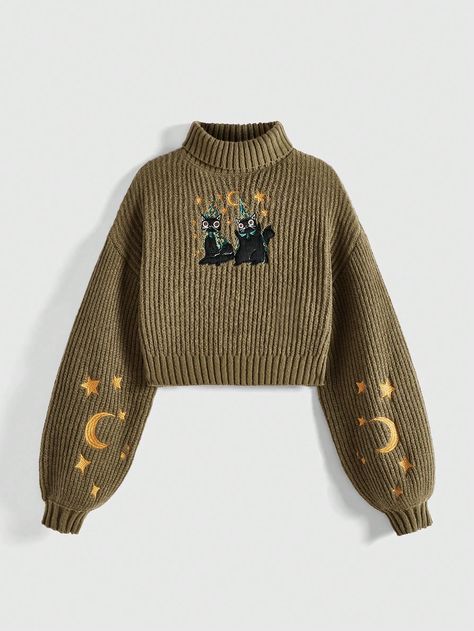 Multicolor Casual Collar Long Sleeve Knitwear Cartoon Pullovers Embellished Slight Stretch  Women Clothing Women Sweaters, Oversized Pullover, Embroidered Sweater, Pullover Sweater Women, Fashion Design Clothes, Cool Sweaters, Inspiration Mode, Cozy Fashion, Character Outfits