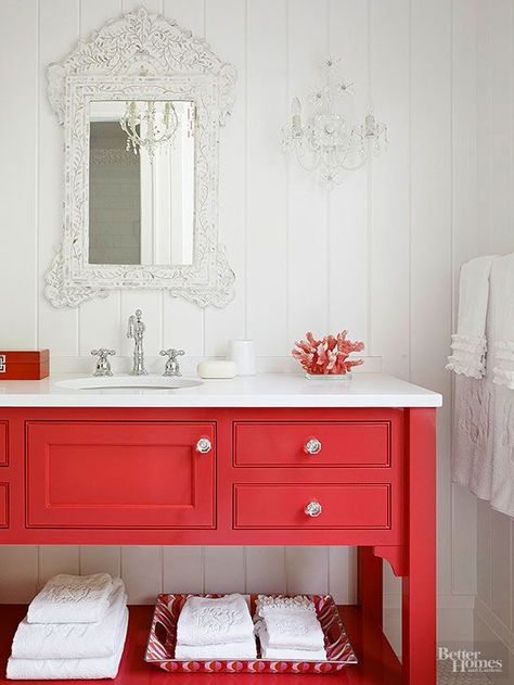 20 Rooms That Were Made For Pinterest Red Vanity, Red Bathroom, Sophisticated Bedroom, Bathroom Color Schemes, Bathroom Red, Cozy Living Spaces, Bathroom Color, Simple Bathroom, Bathroom Colors