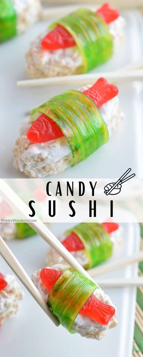 The kids will go crazy for this Candy Sushi! This dessert sushi recipe is easy to make, portable and great for parties. Candy Sushi Rolls, Sushi Candy, Sushi Diy, Sushi For Kids, Swedish Fish Candy, Sweet Sushi, Fruit Sushi, Candy Sushi, Fish Candy