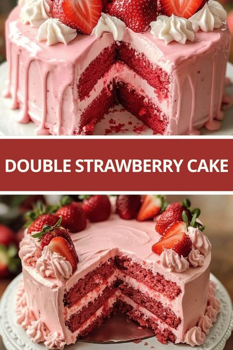 Delight in the sweet, fresh flavors of strawberries with this Double Strawberry Cake! Perfect for any occasion, this cake combines a strawberry-flavored cake base with a creamy, strawberry-infused cream cheese frosting, making it a must-try for strawberry lovers. Strawberry Cake Strawberry Icing, Strawberry Pudding Cake Recipes, Strawberry Moist Cake, Strawberry Cake And Icing, Strawberry Genoise Cake, Wedding Cake With Strawberry Filling, Strawberry Cake With Frosting, Strawberry Butter Cake Recipe, Strawberry Banana Smash Cake