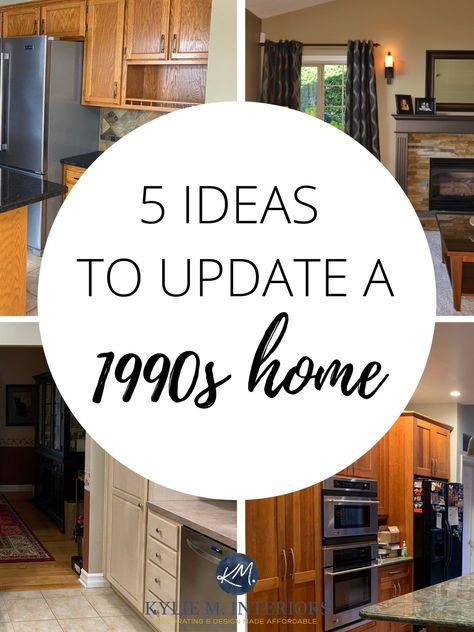 5 Ideas to Update Your 1990s Home - Kylie M Interiors Updated Interior Design, Exposed Hinges Cabinets, Kitchen With Beige Tiles, Kitchen With Beige Granite Countertops, Hardware For Bathroom Cabinets, Kitchen With Beige Countertops, Black And Beige Kitchen Cabinets, Updating A 2000 Home, Functional House Design