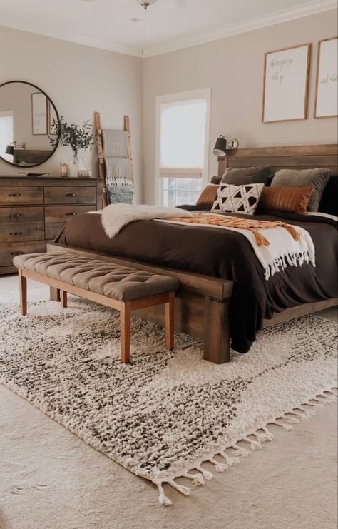 Natural Bedroom Decor Earth Tones Boho, Natural Bedrooms Earth, Master Bedrooms Dark Bedding, Neutral Bedroom Earth Tones, Nature Tones Bedroom, Neutral Dark Bedroom, Neutral Toned Bedroom, Earth Tone Bedroom Modern, Natural Bedroom Decor Earth Tones Cozy